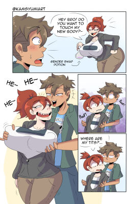 1boy ass breasts comic enormous_ass enormous_breasts female genderswap genderswap_(mtf) genderswap_potion huge_ass huge_breasts kamsyumi large_ass large_breasts male potion rule_63 teasing wide_hips