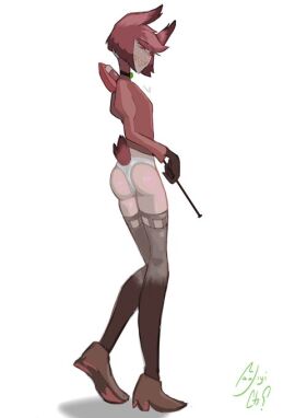 alastor_(hazbin_hotel) animal_ears ass clothed collar deer demon femboy full_body hazbin_hotel male red_hair sharp_teeth signature smile staff tagme tail twink white_background