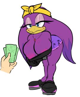 avian bedroom_eyes berkthejerk big_breasts bird blue_eyes blush bottomwear breasts cleavage clothed clothing eyelashes female footwear gloves handwear hi_res kerchief money narrowed_eyes nipples prostitution pulling_down_shirt purple_body seductive sega shoes shorts smile solo sonic_(series) sonic_riders sonic_the_hedgehog_(series) third-party_edit topwear tube_top wave_the_swallow