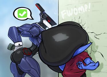 1boy 1girls alien anthro ass big_breasts black_body blue_body boner boris_(theboris) borisalien breast_expansion breast_growth breast_growth_(enlargement) breast_inflation breasts clothed clothing cybernetics cyborg enormous_breasts female femdom huge_breasts hyper hyper_breasts inflatable inflation male money muscular muscular_female omhi_(redpyrodragon) red_eyes sequence speech_bubble stellar_(species)