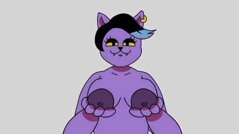 >:3 animated anthro breasts catty_(undertale) ear_piercing felid feline female hi_res looking_at_viewer mammal metalbunsfw nude piercing purple_body smile solo undertale undertale_(series)