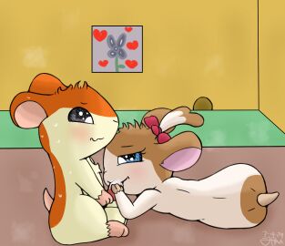2024 barrette_(hamtaro) blush bodily_fluids bow_(disambiguation) cricetid cum cum_inside digital_media_(artwork) duo ejaculation eye_contact fellatio female feral genital_fluids hamster hamtaro hamtaro_(series) hi_res looking_at_another lying male male/female mammal on_side oral penile penis rodent sex sweat trippybunny