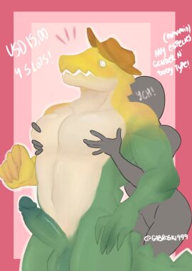1boy 1other 2024 ambiguous_gender ambiguous_species anthro completely_nude crocodile crocodilian crocodylid digital_drawing_(artwork) digital_media_(artwork) duo duo_focus erect_penis erection gabroski999 glans glitch_productions grabbing_pecs gummigoo_(the_amazing_digital_circus) gummy_(food) gummy_creature hat headgear headwear humanoid_genitalia humanoid_penis living_candy living_food male male_anthro male_focus male_only nude nude_male pecs pecs_grab pecs_touching penile penis penis_out reptile reptile_humanoid scalie the_amazing_digital_circus ych ych_(character)