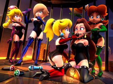 3d 3d_(artwork) 5girls accurate_art_style alternate_version_available ass ball_gag birdcage black_gloves black_legwear blonde_hair blue_eyes blue_gloves blue_legwear bondage breasts brown_hair cage collar crown earrings elbow_gloves female female_only freckles gloves green_gloves green_legwear grey_eyes hair_over_one_eye high_heels koopa_clown_car legwear leotard leotard_aside long_hair looking_at_another looking_down mario_(series) new_super_mario_bros._u_deluxe nintendo onmodel3d outdoors pauline peachette ponytail princess_daisy princess_peach princess_rosalina purple_gloves purple_legwear pussy putting_on_gag red_gloves red_legwear self_upload sex_toy slave_outfit smile spiked_collar spikes super_mario_bros. sybian tagme thighhighs toadette twintails vibrator yuri