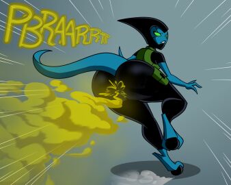 alien_girl alternate_version_available ass ben_10 ben_10_alien_force blue_body blue_skin cartoon_network english_text fart fart_cloud fart_fetish farting female green_eyes helen_wheels kineceleran looking_at_viewer looking_back no_pupils onomatopoeia tail thick_ass thomzone tight_clothing tight_pants