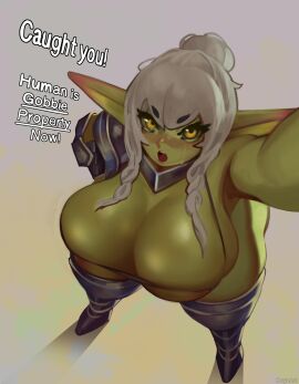 big_ass big_breasts big_ears big_hips boyuart digital_media_(artwork) digital_painting_(artwork) female_focus female_only goblin goblin_female grabbing grabbing_viewer green_skin gremlin huge_breasts large_hips looking_at_viewer nipple_slip pointless_clothing shortstack text underboob useless_clothing