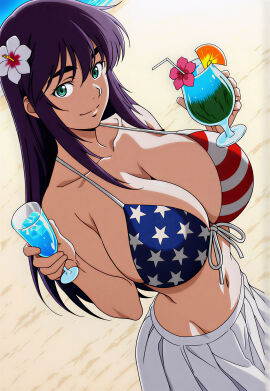 1girls ai_generated american_flag_bikini beach beautiful_girl bikini desert_punk drinks flower flower_in_hair hi_res holding_drink junko_asagiri large_breasts long_hair looking_at_viewer purple_hair straight_hair upscaled