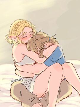 1boy 1girls aorin arms_around_waist bare_legs blonde_hair blush breasts breasts_on_face closed_eyes elf elf_ears elf_female embrace female hip_grab hugging legs_together link link_(tears_of_the_kingdom) male princess_zelda sitting_on_person sleeveless_shirt tears_of_the_kingdom the_legend_of_zelda wholesome zelda_(tears_of_the_kingdom)