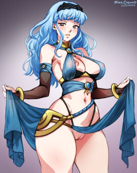 1girls 2023 absurdres alternate_costume bare_shoulders bare_thighs black_hairband blue_hair blush bracelet braid breasts bridal_gauntlets brown_eyes cleavage clothes_lift cosplay covered_nipples crown_braid dancer dorothea_arnault dorothea_arnault_(cosplay) dorothea_arnault_(plegian) dorothea_arnault_(plegian)_(cosplay) female female_only fire_emblem fire_emblem:_three_houses fire_emblem_heroes fire_emblem_warriors:_three_hopes fully_clothed gloves hair_ornament hairband highres jewelry large_breasts lifted_by_self long_hair looking_at_viewer marianne_von_edmund minacream navel nintendo nipple_slip official_alternate_hairstyle parted_bangs pelvic_curtain pelvic_curtain_lift plegian presenting pussy see-through simple_background smile solo thick_thighs thighs wavy_hair wide_hips