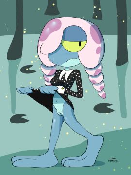 amphibia anthro_focus blue_body crossover crossover_cosplay disney disney_channel female frog frog_girl lewd_inspector lifting_skirt maddie_flour no_panties pink_hair tagme the_addams_family wednesday_addams wednesday_addams_(cosplay)