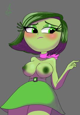 1girls ankeitan blush breasts disgust_(inside_out) eyelashes eyeshadow female female_only green_eyes green_hair green_skin green_skirt inside_out pink_scarf scarf skirt solo topless