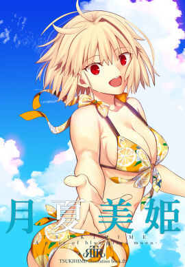 1girls :d ahoge arcueid_brunestud ass big_ass big_breasts bikini blonde_hair breasts butt cloud cloudy_sky day english_text female floating_clothes floating_hair highres huge_ass huge_breasts iro_(sekaixiro) large_breasts looking_at_viewer looking_back melty_blood open_mouth reaching reaching_towards_viewer red_eyes short_hair sky smile swimsuit tsukihime tsukihime_(remake) type-moon