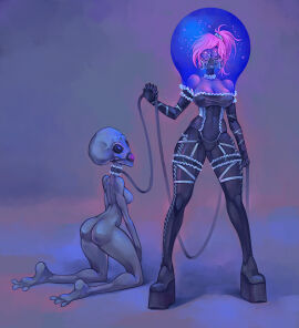 2girls alien alien_girl bondage classic_alien female female_focus female_only gas_mask grey_alien lesbian roswell_grey sci-fi