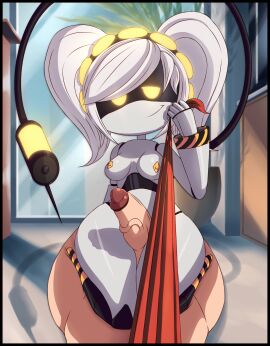 1boy 1girls 2d anoningen dominant_female dubious_consent female femdom first_person_view functionally_nude functionally_nude_female headband human human_male human_on_robot humanoid imminent_sex inner_thighs j_(murder_drones) leash leash_pull leashed_pov light-skinned_male light_eyes light_skin looking_at_viewer male male_human/female_robot male_pov murder_drones murder_drones_x_humans naked naked_male pigtails pov robot robot_girl robot_humanoid screen_face sex smile smirk straight tail teasing thick_thighs thigh_job thigh_sex thighjob