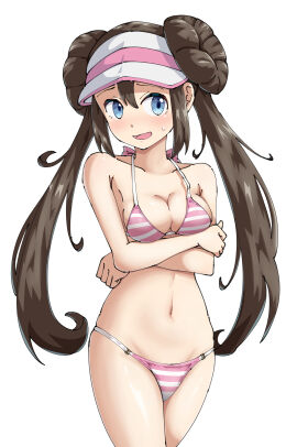 blue_eyes breasts brown_hair cap female female_only light-skinned_female light_skin maho_(corotonton5150) nintendo pink_bikini pokemon rosa_(pokemon) solo striped_bikini twin_buns twintails