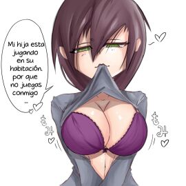 1girls akatosh_el_shota_furro big_breasts bra breasts brown_hair cleavage clothing exposed_breasts female female_only green_eyes heart-shaped_pupils hi_res huge_breasts light-skinned_female lips midriff original original_character solo spanish_text text