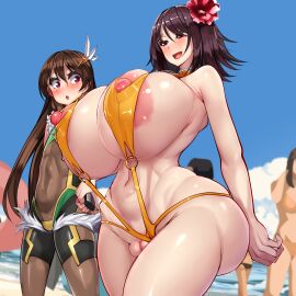1boy 1girls age_difference ass big_ass big_nipples bikini blush blushing breasts breasts_bigger_than_head exibitionism female femboy flower_in_hair gigantic_breasts holding_hands kawahagitei long_hair male medium_hair milf mizuki_shiranui nipples older_female pink_nipples plump_labia practically_nude public pussy shikanosuke_(taimanin_asagi) sling_bikini smiling surprised taimanin_(series) taimanin_rpgx taimanin_suit taimanin_yukikaze uehara_shikanosuke younger_male