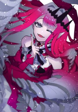 baobhan_sith_(fate) breasts crown fangs female grey_eyes ham121ham light-skinned_female light_skin looking_at_viewer medium_breasts pale-skinned_female pale_skin red_hair red_nails smiling smiling_at_viewer