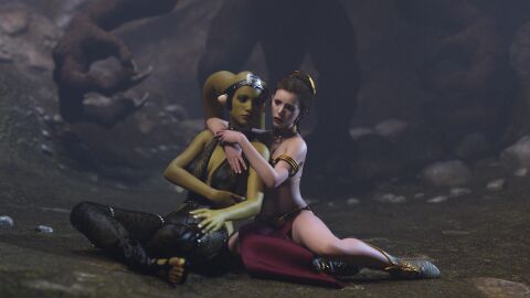 2girls 3d acceptance alexbridger alien alien_girl alien_humanoid belly_dancer belly_dancer_outfit boots braided_hair breasts brown_eyes brown_hair cave dancer enslaved_royal female female_focus green-skinned_female green_skin harem harem_girl harem_outfit human jabba's_palace large_breasts light-skinned_female light_skin loincloth long_hair multiple_females multiple_girls oola peril princess_leia_organa rancor rancor_pit rebel_(star_wars) sandals slave slave_bikini slave_collar slave_girl slave_leia slave_outfit star_wars twi'lek