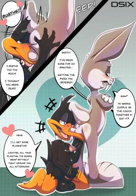 anthro anus ass avian balls balls_fondling blush blush_lines bugs_bunny butt_sniffing butt_worship crossed_arms daffy_duck dsub9 duo fondling gay genitals hi_res hug hugging_another hugging_butt lagomorph leporid looney_tunes male male/male male_only mammal masturbation nuzzling rabbit sniffing surprise the_looney_tunes_show warner_brothers yaoi