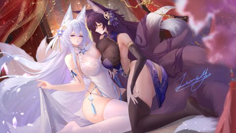 2girls alternate_costume animal_ear_fluff animal_ears azur_lane bare_shoulders black_gloves black_thighhighs blue_eyes blue_nails blush breast_press breasts bridal_gauntlets cg china_dress chinese_clothes cleavage curtains dress facial_mark feet flower fox_ears fox_girl fox_tail gloves hair_between_eyes hair_ornament huge_breasts jewelry kitsune kneeling kyuubi large_breasts long_hair looking_at_viewer multiple_girls multiple_tails musashi_(azur_lane) nail_polish no_shoes official_art open_mouth panties parted_lips pelvic_curtain purple_hair purple_nails shinano_(azur_lane) signature silver_hair sleeveless sleeveless_dress smile symmetrical_docking tail thighhighs thighs underwear very_long_hair white_dress white_hair white_tail white_thighhighs yellow_eyes yuri