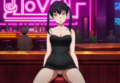 1girls ai_generated alcohol bar bar_stool bartender black_dress black_hair blush cleavage dress duderu en'en_no_shouboutai enen_no_shouboutai exhibitionism female female_only fire_force hi_res high_quality high_resolution highres indoors kotatsu_tamaki looking_at_viewer neon_lights orange_eyes parted_lips public_exposure public_indecency pussy short_dress sitting skin_tight solo solo_female strapless tamaki_kotatsu thighs twintails vagina yellow_eyes