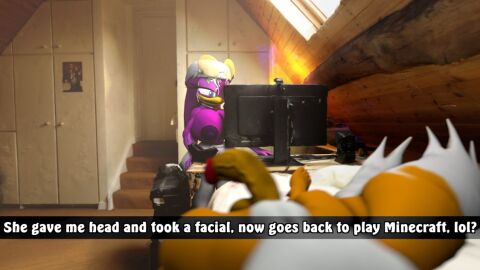 1boy 1girls 3d after_oral after_sex anthro areolae big_breasts bird breasts canine comedy computer cum cum_on_face dialogue english_text facial female funny furry humor male male/female meme multi_tail nipples nude penis sarahdellen sega sonic_(series) sonic_the_hedgehog_(series) tagme tails tails_the_fox text topless wave_the_swallow