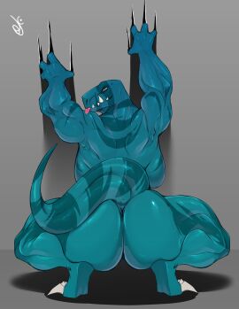 1girls anthro dinosaur dustyjcircus fang_(primal) female looking_at_viewer looking_back primal_(series) squatting t-rex tyrannosaurus_rex