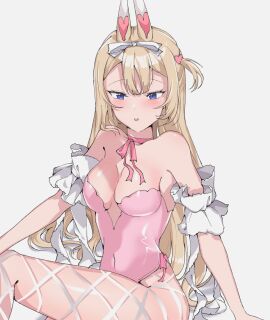 1girls alternate_costume arm_support bangs bare_shoulders blonde_hair blue_eyes blush breasts bunny_ears bunny_girl cleavage collarbone covered_navel dress eyebrows_visible_through_hair female female_only fishnet_legwear grey_background hair_ornament hair_ribbon heart leotard long_hair looking_at_viewer medium_breasts off-shoulder_dress one_side_up pantyhose pink_dress pink_hairband pink_leotard pink_ribbon puffy_short_sleeves puffy_sleeves ribbon short_sleeves sitting solo striped tiara torn_clothes virtual_youtuber vyugen white_gloves white_legwear white_leotard yenko