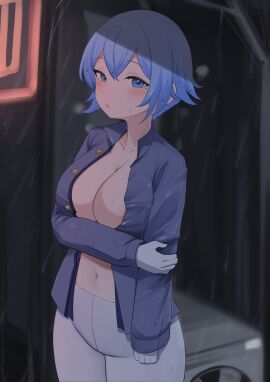 arm_under_breasts artist_request blue_eyes blue_hair blue_jacket blush breasts female gloves holding_breast large_breasts looking_at_viewer open_clothes raining somua_sm somua_sm_(daebom) wet white_gloves white_legwear