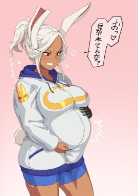 1girls boku_no_hero_academia breasts bunny_ears caressing_belly clothing dark-skinned_female dark_skin female female_focus female_only hand_on_pregnant_belly happy heavily_pregnant hoodie large_breasts long_hair mikoyan miruko mother muscular muscular_female my_hero_academia ponytail pregnant pregnant_belly pregnant_female red_eyes rumi_usagiyama shirt shorts smile spats thick_thighs thighs translation_request white_hair