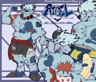 altergott anthro bell bell_collar bovid bovine cattle collar hooves horn humanoid leash male mammal masturbation model_sheet muscular muscular_male piercing rigel_(altergott) scar smile smug_face solo spots surprise surprised_expression tail tired
