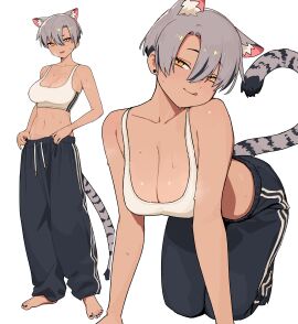cat_ears cat_girl cat_tail catgirl feline female kara_(vertigris) sports_bra sports_pants sportswear sweat tagme tail vertigris
