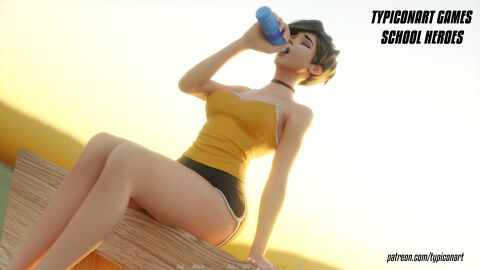 1girls 3d ass bench big_ass big_breasts blender blender_(software) blender_cycles bottle breasts closed_eyes clothed clothing dolphin_shorts drink drinking female gym gym_clothes gym_shorts gym_uniform legs long_legs medium_breasts overwatch overwatch_2 pinup shirt shorts sitting slender_legs smile solo sportswear sunset sweat tank_top thighs tracer typiconart vanilla video_games visual_novel water