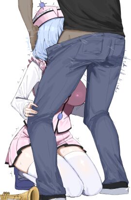 1boy 1girls 2d alternate_version_available back_view big_breasts blowjob blue_hair breasts dark-skinned_male dark_skin duo face_fucking fellatio female ghost ghost_girl hands_on_head hands_on_knees hat head_grab implied_fellatio implied_oral interracial irrumatio kneeling kumiyabe light-skinned_female light_skin male medium_hair merlin_prismriver motion_lines open_pants oral oral_sex pants poltergeist shiny_hair shiny_skin shirt shoes side_view skirt source standing straight sweat thighhighs thighs touhou trumpet unseen_female_face unseen_male_face vest white_background