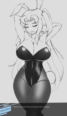 1girls angela_(lobotomy_corporation) big_breasts blush breasts bunny_ears bunny_tail cleavage closed_eyes corset dialogue english_text female library_of_ruina lobotomy_corporation long_hair no_color pantyhose project_moon tagme