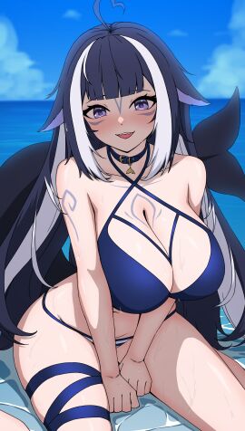 1girls :3 ahoge animal_tail bare_shoulders big_breasts bikini bikini_bottom bikini_top black_hair blue_bikini blue_bikini_bottom blue_bikini_top blue_panties blue_swimsuit blush bodypaint breasts cleavage collar collarbone dayyo_(daydarion/day-chan) female female_only hands_between_legs heart_ahoge highres huge_breasts indie_virtual_youtuber kemonomimi large_breasts light-skinned_female light_skin long_hair looking_at_viewer ocean open_mouth open_smile orca_girl outside purple_hair shylily sitting sitting_in_water sky solo striped_panties swimsuit tail thigh_strap thighs virtual_youtuber wariza wet_skin wide_hips