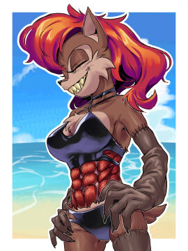 1girls abdominal_muscles abs battenqwerty beach curly_hair exposed_muscle female grin muscles red_hair sally.exe sally_acorn sally_alt self_upload sharp_teeth sonic.exe_(series) stitched_arm stitched_eyes stitched_leg stitches swimsuit tagme water