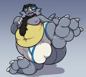 3_toes anthro balls balls_outline barefoot beard belly big_bulge big_feet big_toes bulge claws clothing detailed_bulge facial_hair feet foot_focus generation_1_pokemon genital_outline hair male moobs navel nintendo nipples overweight overweight_anthro overweight_male penis penis_outline pokemon pokemon_(species) rhydon simple_background solo tail toe_claws toes underwear yowesephth