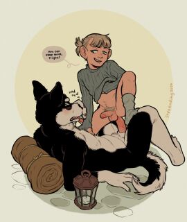 2boys anal animal_genitalia animal_penis anthro balls blonde_hair canid canine canis clothes_lift cowgirl_position dog_boy domestic_dog dungeon_meshi english_text erection female furry furry_male furry_with_non-furry halfling highres interspecies kobold kuro_(dungeon_meshi) lantern leg_hair lying male male_pubic_hair mickbell_tomas multiple_boys multiple_males navel_hair on_back penis pubic_hair sex shirt_lift smile softending speech_bubble straddling testicles turtleneck yaoi