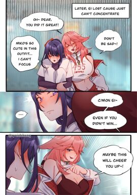 2girls baseball_uniform cheerleader comic female fully_clothed genshin_impact lifting_shirt raiden_shogun ryuichikung text yae_miko yuri