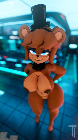3d absurd_res animatronic anthro areola bear big_breasts blue_eyes breasts clothing eyeshadow female five_nights_at_freddy's freddy_(fnaf) fredina's_nightclub fredina_(cally3d) frenni_fazclaire genitals glowing glowing_eyes hat headgear headwear hi_res machine makeup mammal nipples pussy robot scottgames smile solo tenshi_ai thick_thighs top_hat