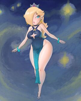 1girls alternate_costume blonde_hair breasts dress female female_focus female_only high_heels large_breasts lickagoat light-skinned_female light_skin mario_(series) nintendo princess_rosalina solo starry_night_dress_(sarukaiwolf) super_mario_galaxy thick_thighs thighs wide_hips