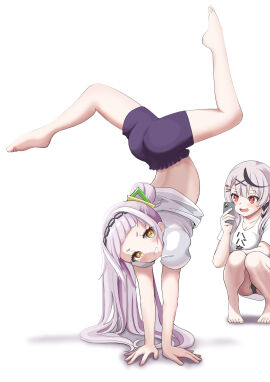 264_(user_ffyd3374) back belly calisthenics calves exercise feet green_eyes handstand hololive hololive_gen_2 hololive_japan idol kusogaki legs light_skin mesugaki murasaki_shion nude_filter_request orange_eyes photographing red_eyes sakamata_chloe silver_hair stretching thighs upskirt virtual_youtuber vtuber white_hair