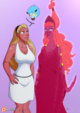 2girls big_breasts blue_eyes blush breasts brown_hair clothed crossover destripando_la_historia disney dress female female_only golden_hair hera_(destripando_la_historia) hera_(greek_mythology) hera_(hercules) hercules_(disney) long_hair marioa13 milf multiverse orange_hair patreon patreon_logo patreon_username pink_body pink_skin shiny shiny_hair shiny_skin taller_female zeus_(destripando_la_historia)