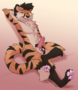 2024 animal_genitalia animal_penis anthro balls biped black_ears black_hair black_tail dipstick_ears dipstick_tail ear_markings erection fangs felid feline feline_genitalia feline_penis fur genitals green_eyes grin hair hand_behind_head hi_res looking_at_viewer male mammal markings multicolored_ears multitoned_tail pawpads penile_spines penis pink_pawpads sheath skylardoodles smile solo tail tail_markings teeth two-tone_ears watermark white_balls white_sheath white_tail yellow_body yellow_ears yellow_fur yellow_tail