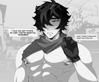 1boy abs bandaids_on_nipples big_pecs blush lighter_(zenless_zone_zero) male male_focus mihoyo muscles muscular muscular_male othersdespair puffy_nipples sensitive_nipples sole_male solo solo_focus sunglasses_on_head zenless_zone_zero