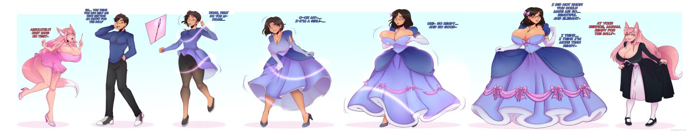 ass ass_expansion breast_expansion breast_growth breast_growth_(enlargement) breasts dress enormous_breasts female feminization glasses high_heels hip_growth huge_ass huge_breasts mtf_transformation princess sequence thedamneded transformation wide_hips