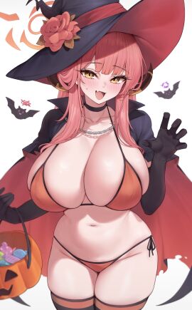 aru_(blue_archive) bat_(animal) bikini black_cape black_choker black_gloves black_hat black_thighhighs blue_archive blush breasts brown_horns candy cape choker cleavage collarbone cute_fang elbow_gloves fangs female flower food gloves groin halloween halloween_bucket halo haruka_(blue_archive) hat hat_flower highres horns kuavera large_breasts long_hair looking_at_viewer low_horns mutsuki_(blue_archive) navel open_mouth orange_bikini pink_hair pink_halo purple_halo red_cape red_flower red_halo red_hat red_rose rose shirt side-tie_bikini simple_background skin_fang skindentation smile solo stomach sweatdrop swimsuit thighhighs thighs two-sided_cape two-sided_fabric two-tone_cape white_background witch_hat wrapped_candy yellow_eyes yellow_horns