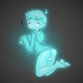 backsack balls ballsack barefoot blue_body bottomless clothed clothing exclamation_point feet femboy genitals ghost glowing hoodie hoodie_only lonely_cri long_sleeves looking_at_viewer male partially_clothed simple_background soles solo spirit tagme toes topwear topwear_only